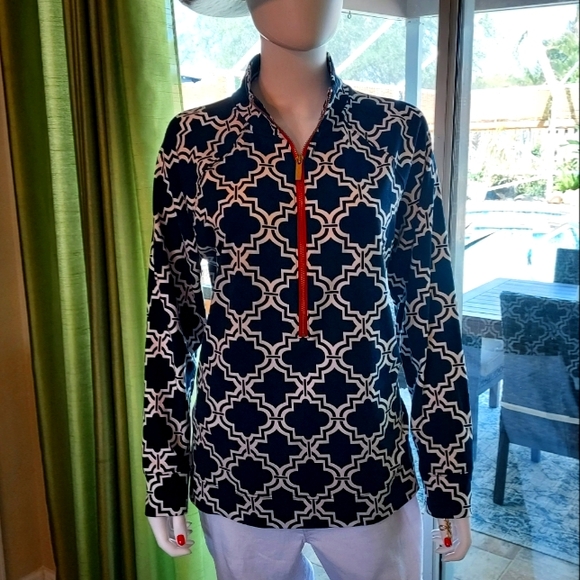 Crown & Ivy Beach Tops - Crown & Ivy Beach Collection Navy & Cream Classic Tile Pattern Top.